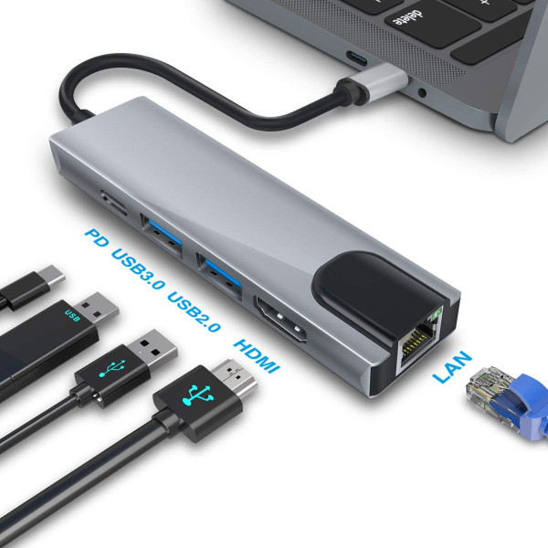 KINGMOX BYL-2007 - ADAPTADOR TIPO C (USB C) A RJ45 (LAN) / HDMI / USB3.0 / TIPO C / NEGRO